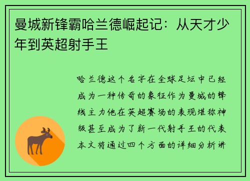 曼城新锋霸哈兰德崛起记：从天才少年到英超射手王